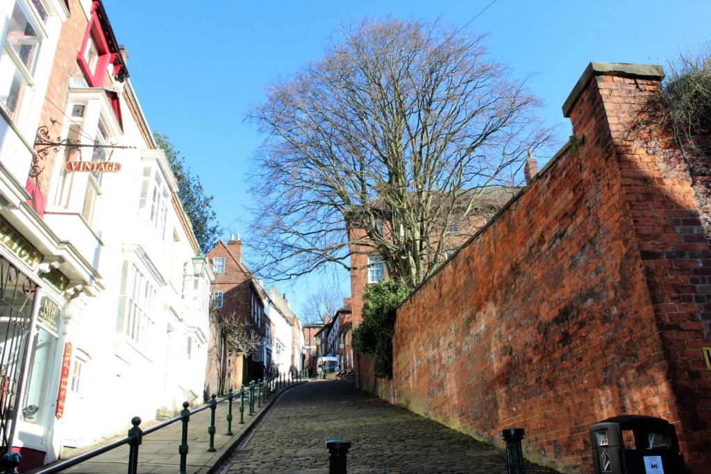 This photo shows the handrail at the side of the pavement on Steep Hill, Lincoln