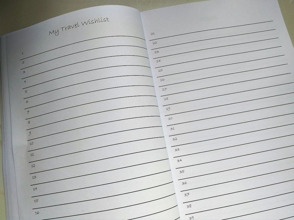 This photo shows the double-page in the 2020 travel diary where you can record your bucket list destinations