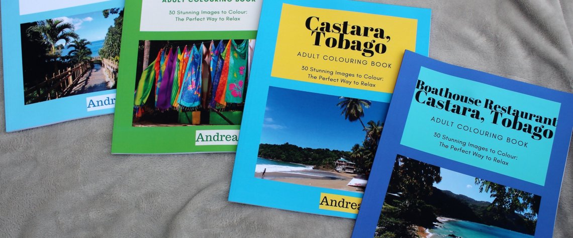 This photo shows four colouring books featuring images of the Caribbean