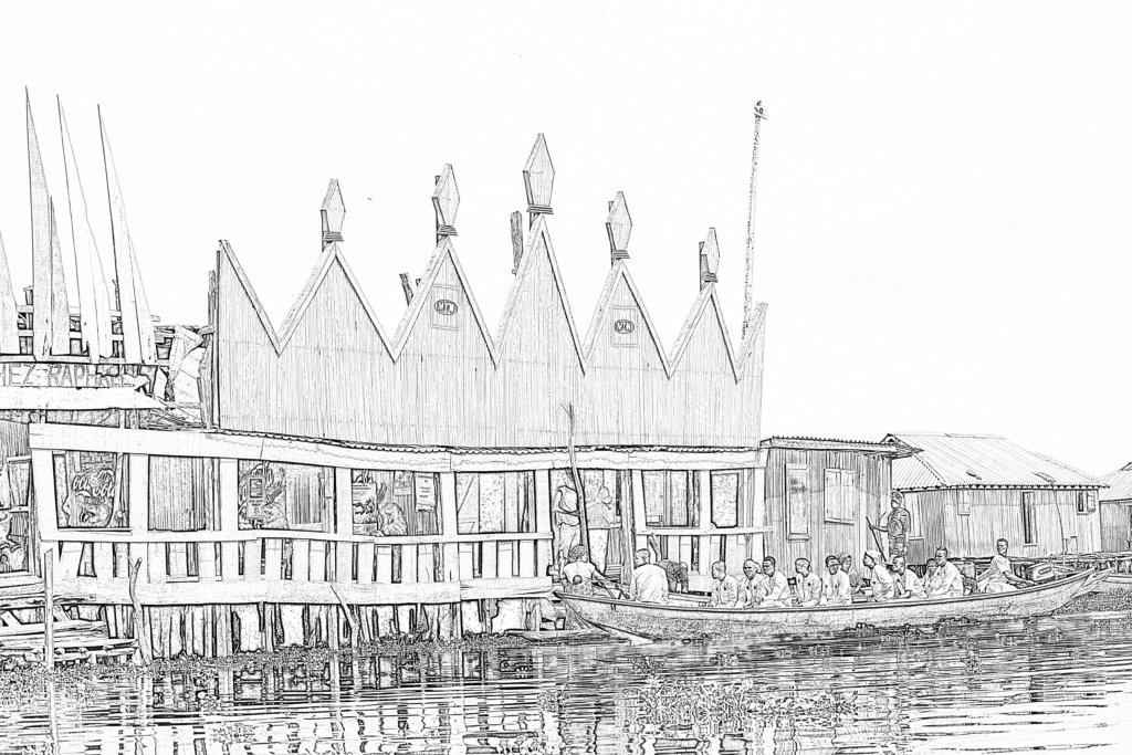 This photo shows one of my colouring book pages. It's of a hotel in the floating village of Ganvie, Benin