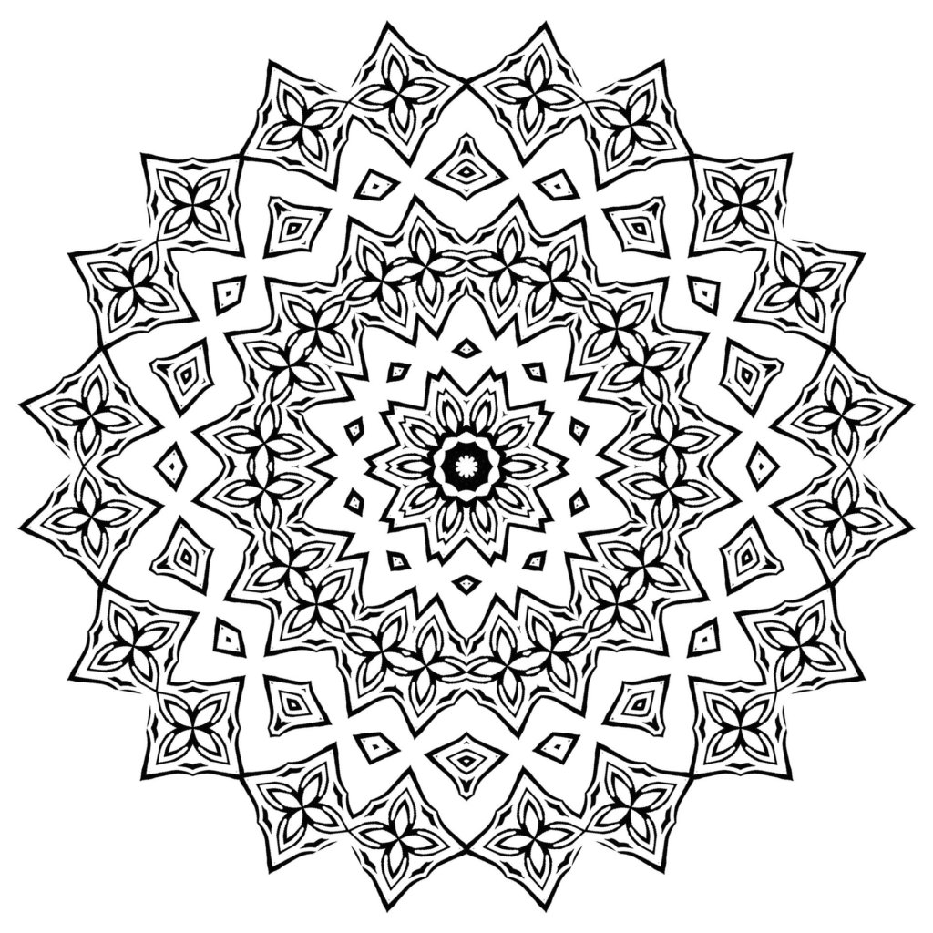 This picture shows a black line-drawn star-shaped mandala for you to colour in