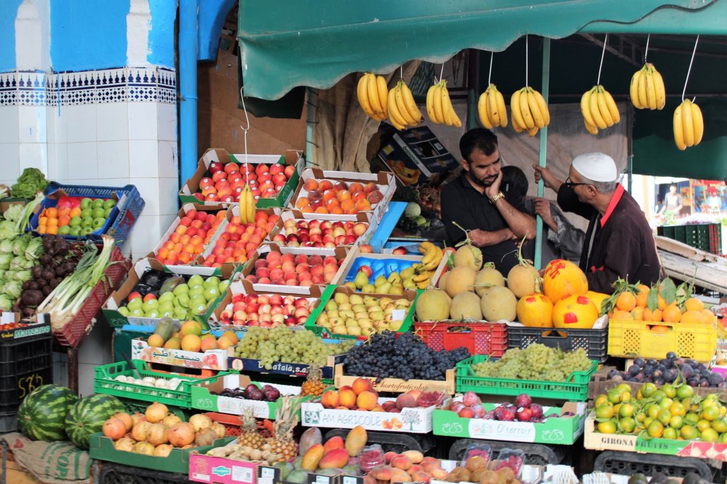 This photo shows a dazzling display of fresh fruit and vegetables