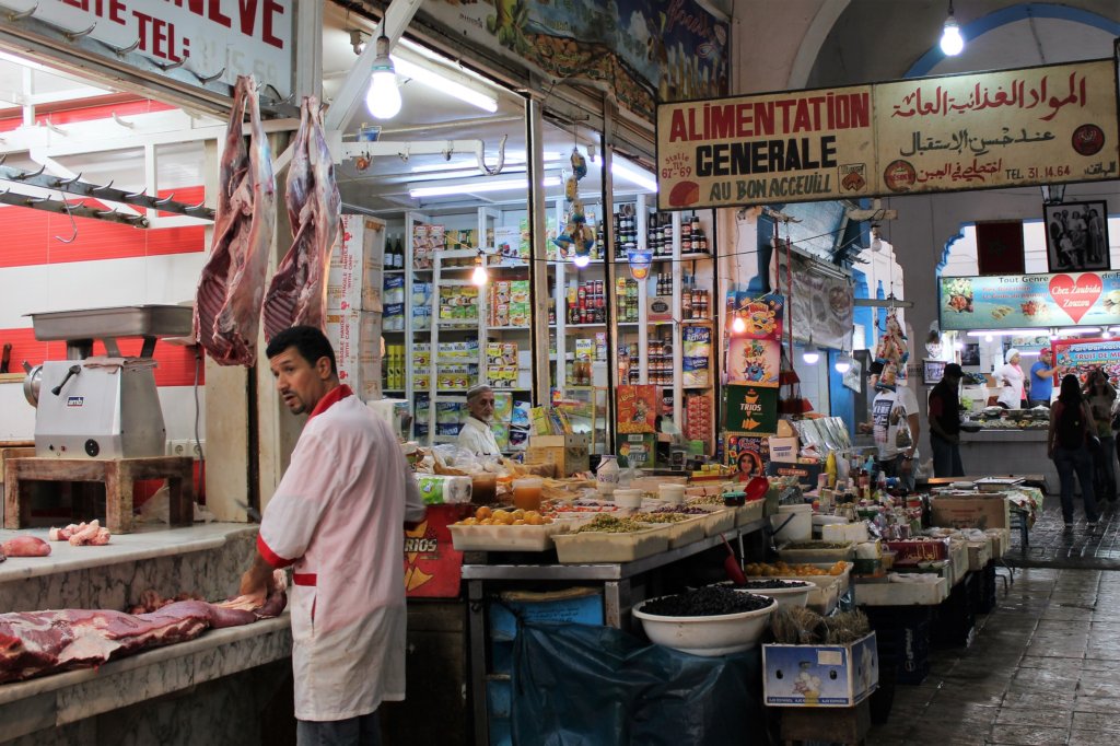 This photo shows a butcher's shop and a grocery store inside Casablanca's medina