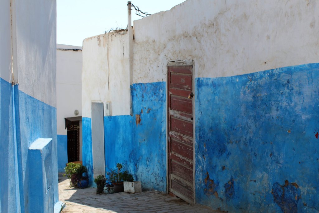 This photo shows buildings with their walls painted azure blue on the bottom half and white on the top