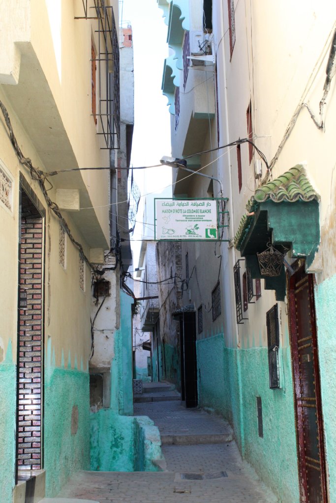 This photo shows a steep narrow alleyway in the town of Moulay Idriss. There is a sign on the right indicating the presence of a guest house.