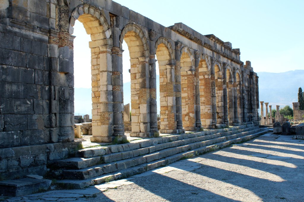 This photo shows the columns and arches of the basilica at Volubilis
