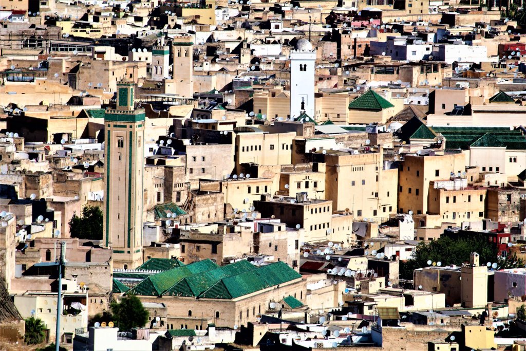 This shot shows a detail of the buildings and mosques of Fez medina