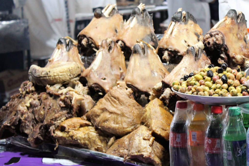This photo shows a display of cooked sheep heads