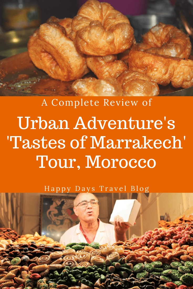 Are you planning a visit to Marrakech, Morocco? One of the best things to do in the city is a food tour. Read this post for my complete review of Urban Adventure's 'Tastes of Marrakech'. Sample doughnuts, olives, lamb, cookies, spicy soup, and much more. #africa #morocco #foodtour #marrakech