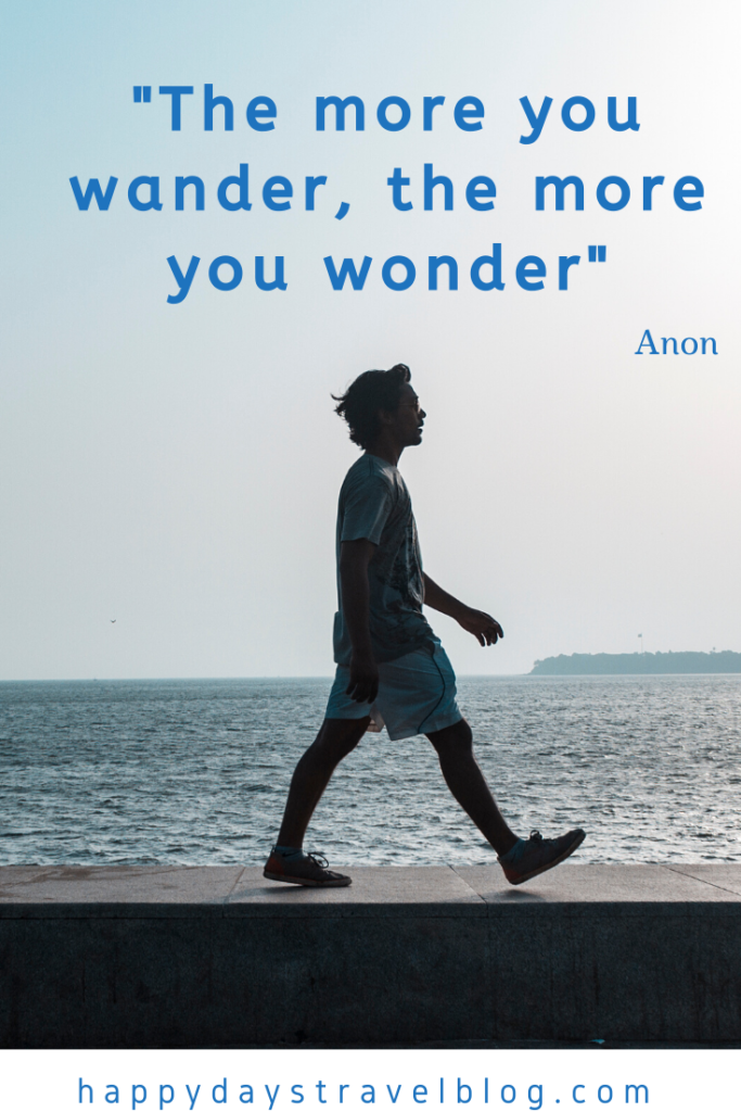 This photo shows the silhouette of a boy striding along the seafront with the caption, 'The more you wander, the more you wonder.'