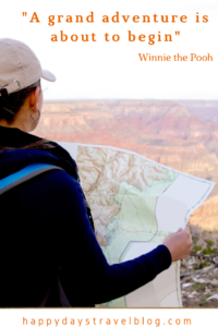 This photo shows a man with a map and the quote from Winnie the Pooh - 'A grand adventure is about to begin.'