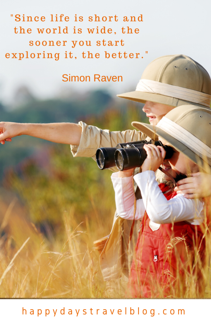 This photo shows two small children, one of them looking through binoculars, with the caption by Simon raven, 'Life is short and the world is wide. The sooner you start exploring it, the better.'