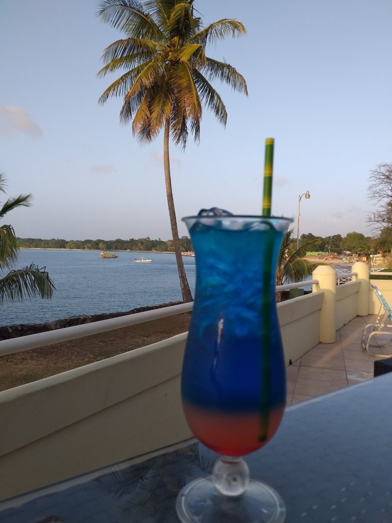 This photo shows a blue and orange cocktail in a tall glass with a straw and a palm tree in the background