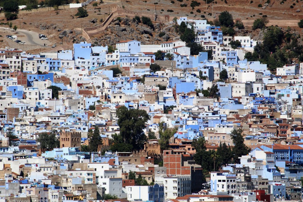 This photo shows the town of Chefchaouen as seen from a viewpoint