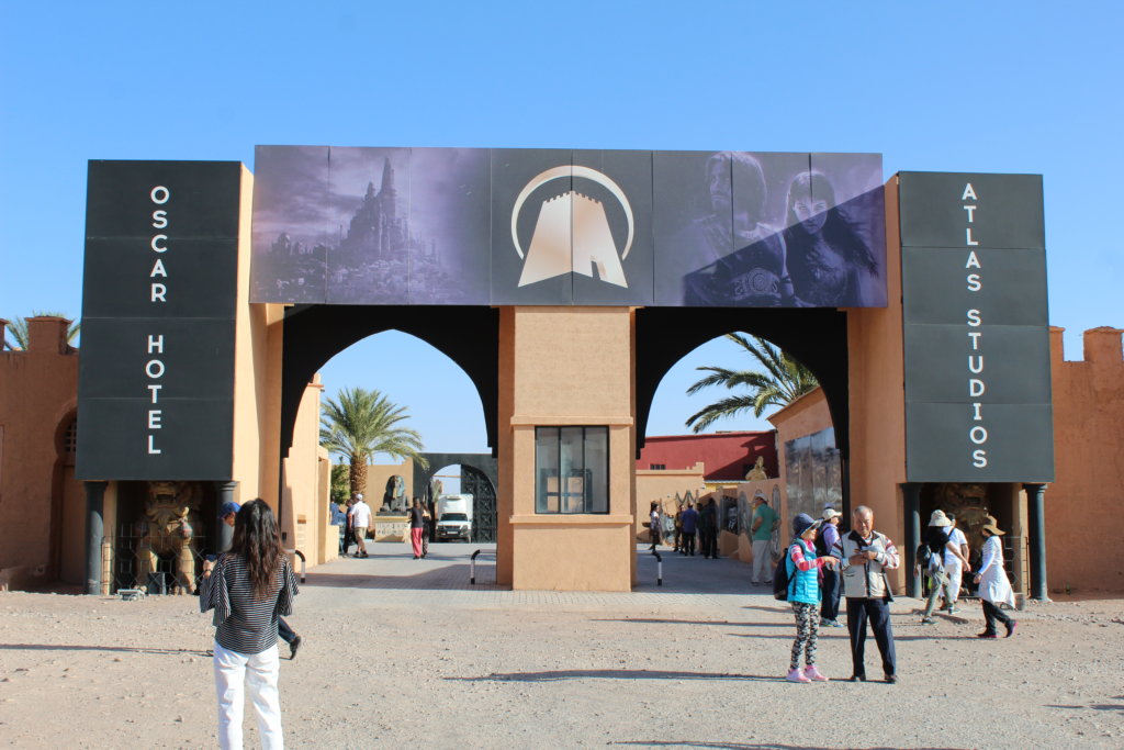This photo shows two large archways which mark the entrance to the film studios