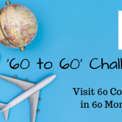 This picture shows a globe, a pen, a toy plane, a passport, and the caption '60 to 60 Challenge' - Visit 60 Countries in 60 Months