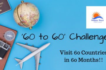 This picture shows a globe, a pen, a toy plane, a passport, and the caption '60 to 60 Challenge' - Visit 60 Countries in 60 Months