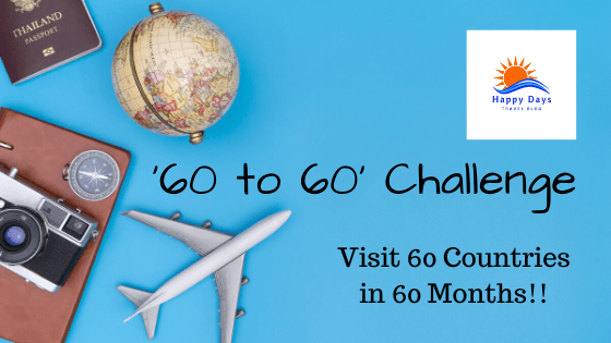 This picture shows a globe, a pen, a toy plane, a passport, and the caption '60 to 60 Challenge' - Visit 60 Countries in 60 Months
