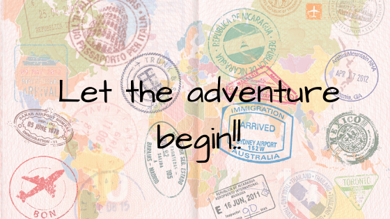 This picture shows a double page of a passport full of stamps with the caption, 'Let the adventure begin'