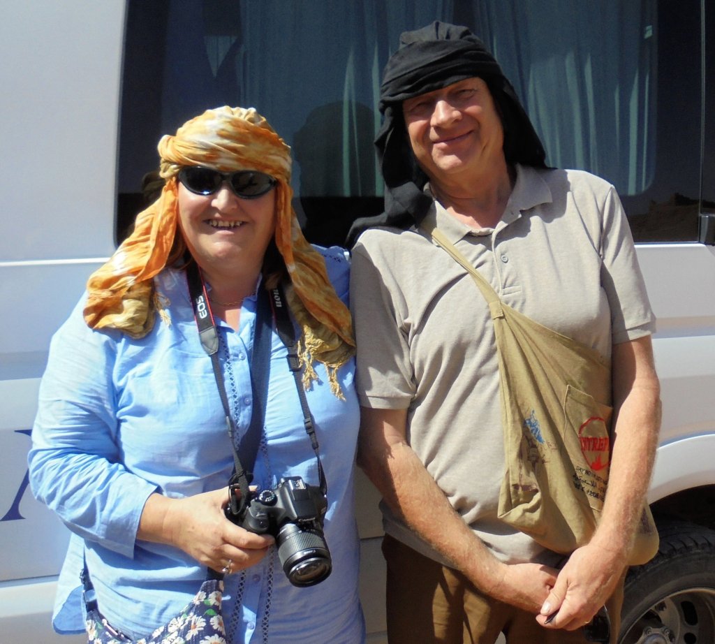 This photo shows Mark and I with our scarves tied around our heads ready for our camel ride