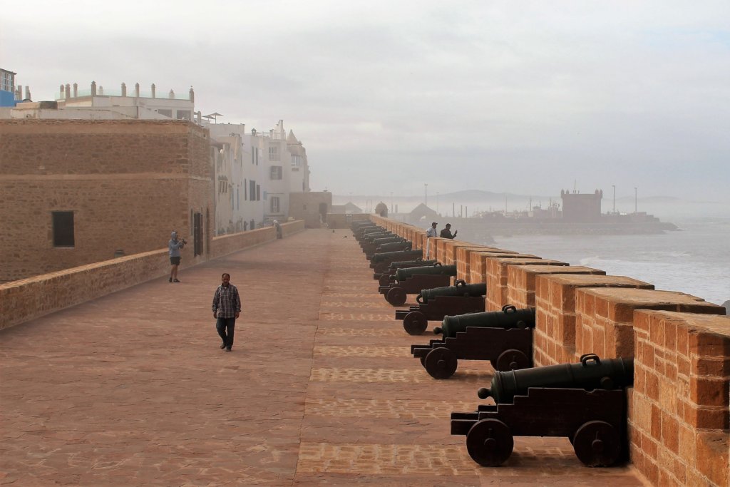 This photo shows the newly restored ramparts with cannons on a misty morning