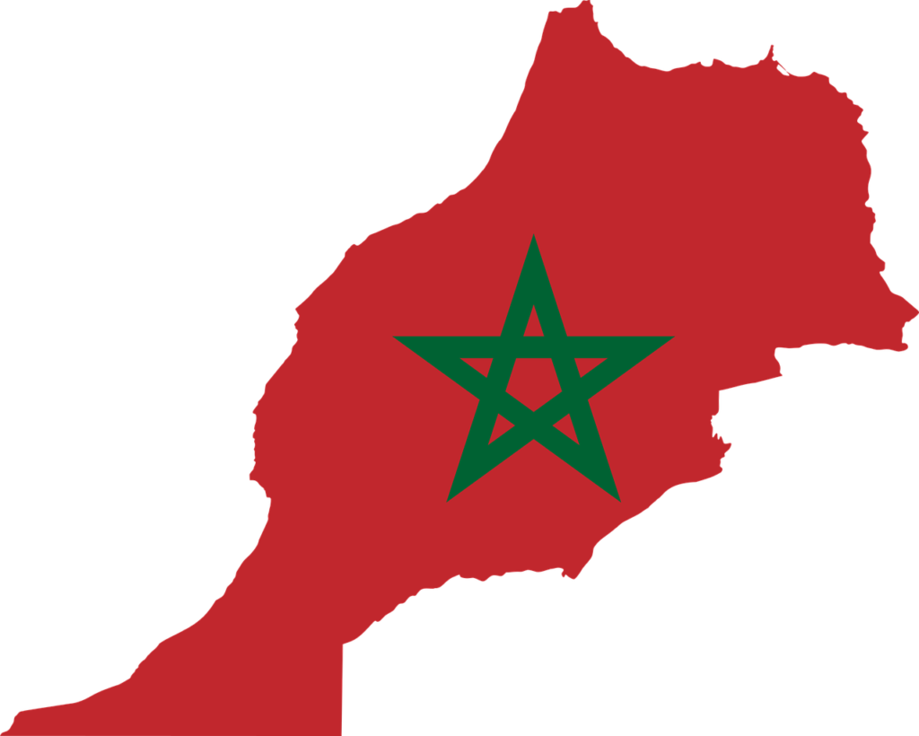 This picture shows a map of Morocco coloured red with the green star of the country's flag in the middle