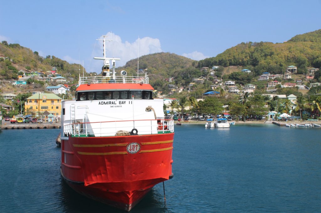 This photo shows a ferry heading out of Bequia