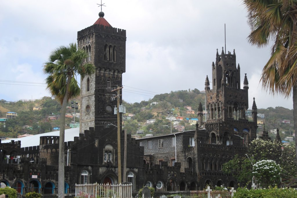 This photo shows the unusual black facade of the cathedral
