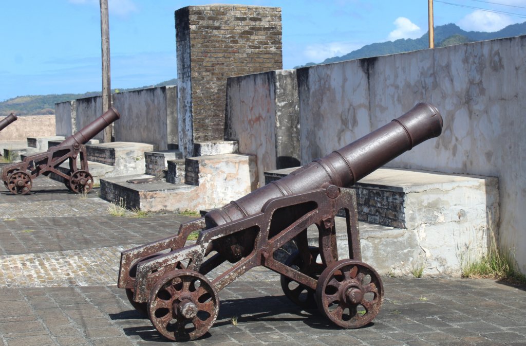 This photo shows cannons on wheeled trolleys pointing towards the interior of St Vincent