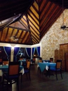 This photo shows the inside of the Makara restaurant with its high beamed ceiling