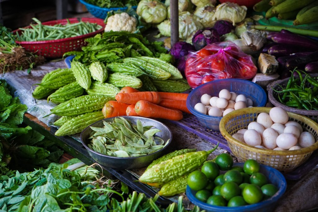 This photo shows a vibrant display of fresh vegetables