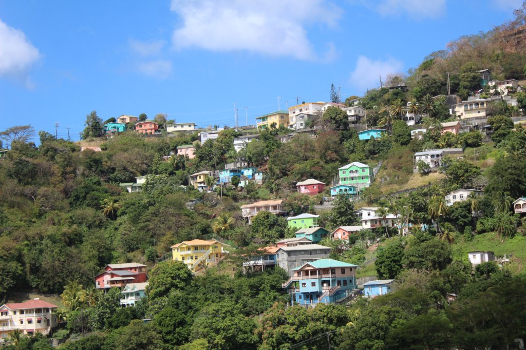 This photo shows pretty pink, pale green, pale blue, and yellow houses nestled within the trees on a hillside.
