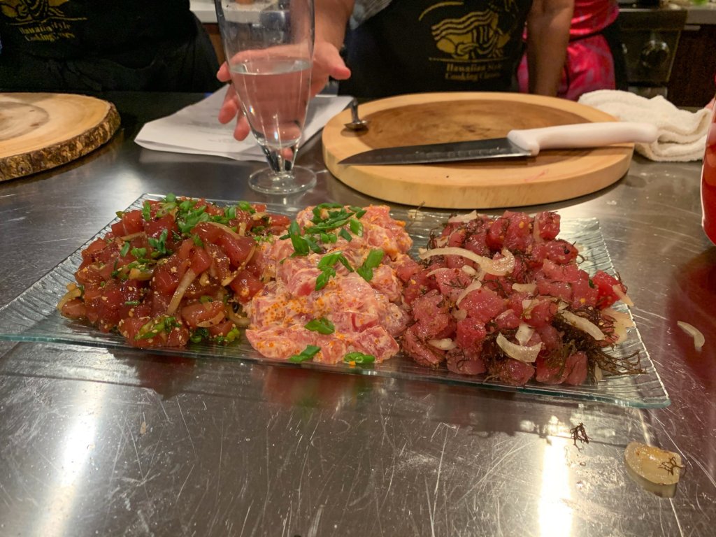 This photo shows 3 types of diced raw fish