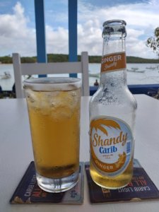 This photo shows a tall glass full of ginger shandy with ice and the bottle it was poured out of