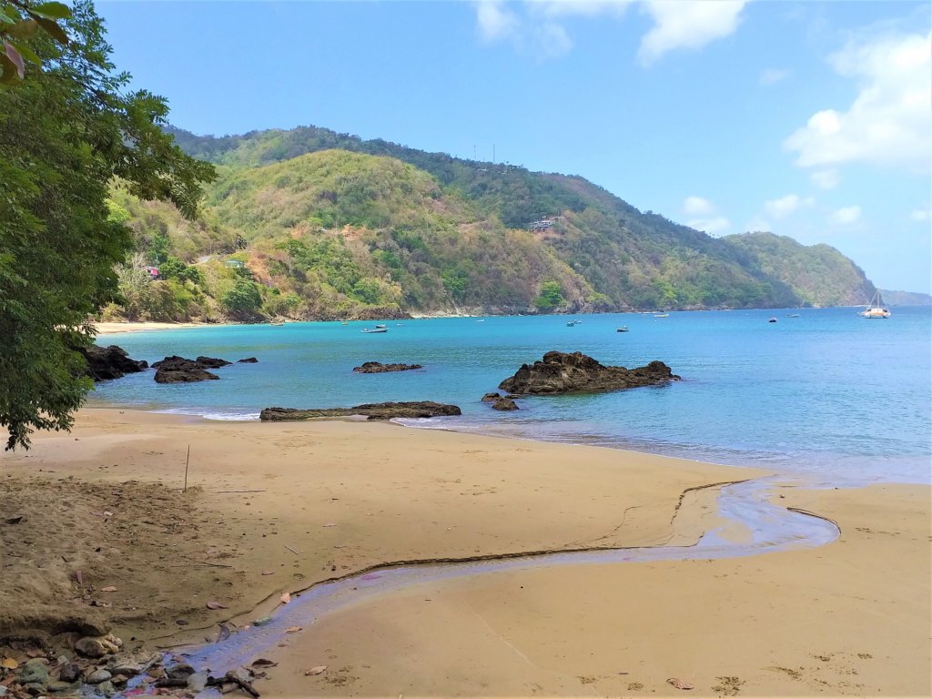 This photo shows azure blue sea lapping the beach