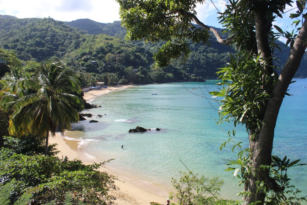 This photo shows the beautiful clear blue waters of Castara Bay, Tobago