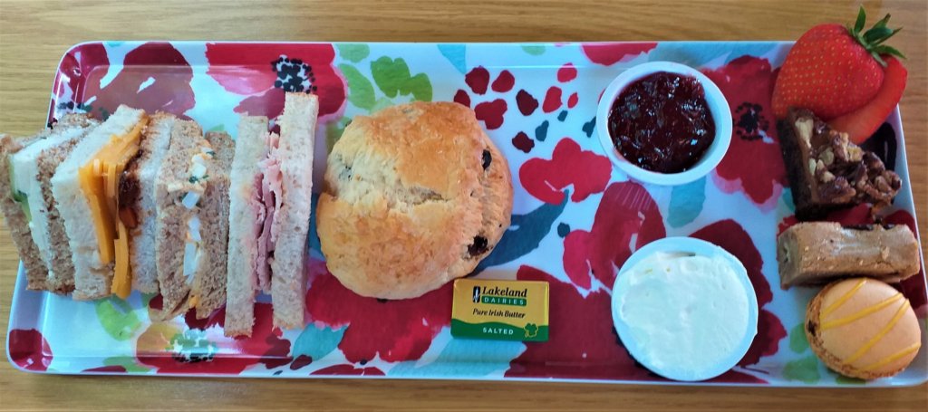 This photo shows our afternoon tea presented on a colourful rectangular plate