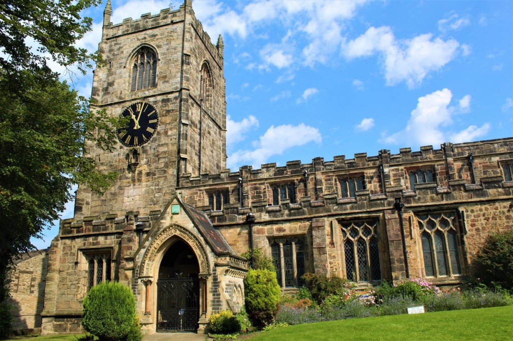 This photo shows the church with a gorgeous blue sky behind it