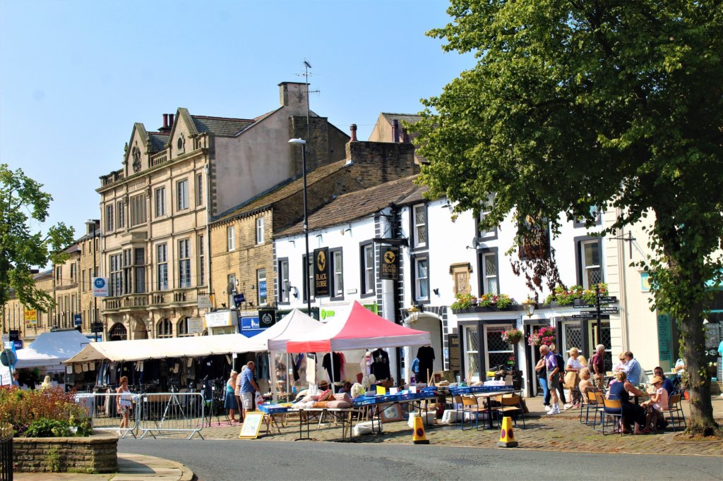 This photo shows the main street in Skipton set up for the thrice-weekly market