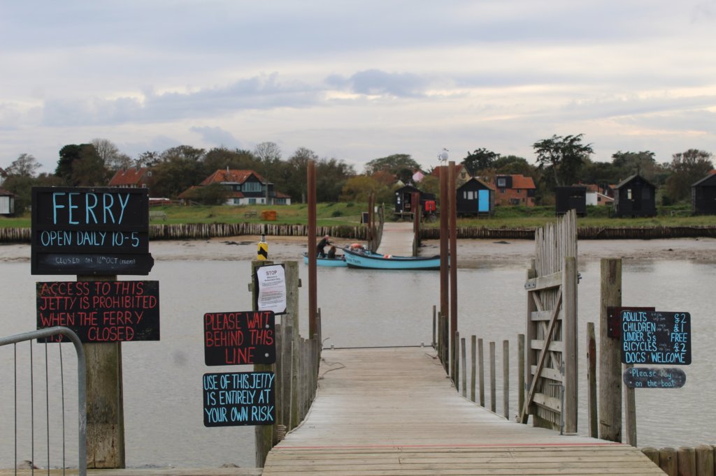 This photo shows the simple wooden jetty that leads to the mooring of the little rowing boat that serves as the ferry between Southwold and Walberswick