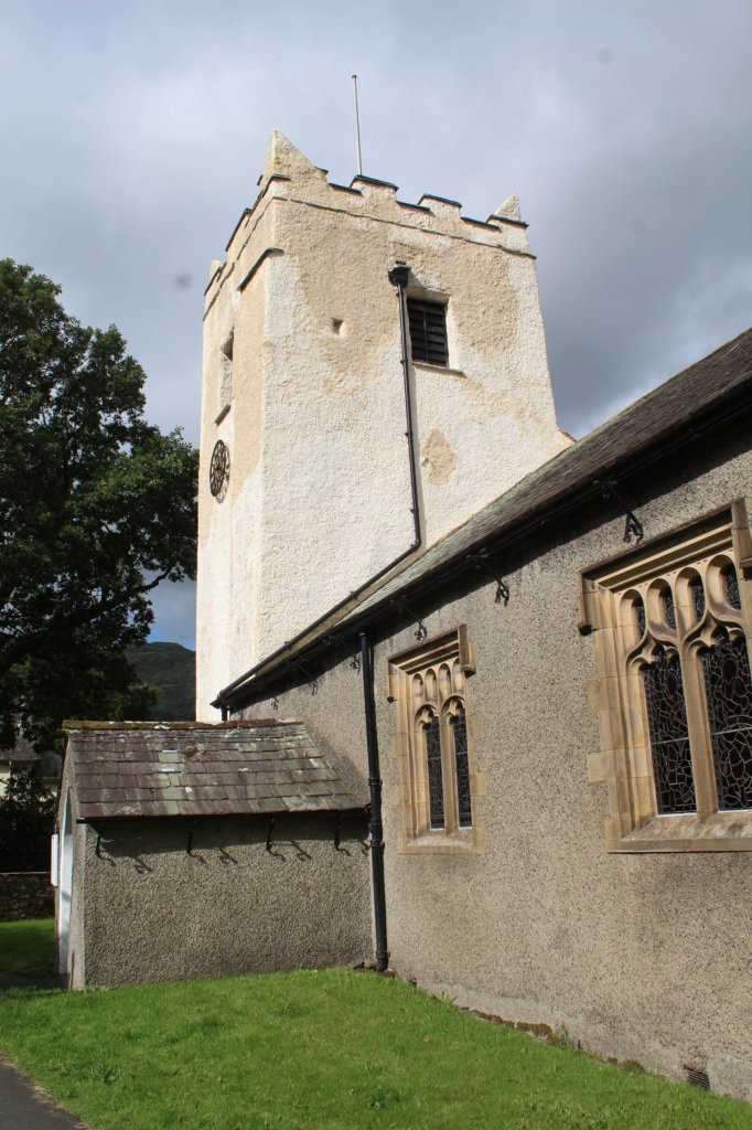 This photo shows the square tower of the church