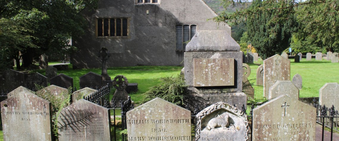 This photo shows the cluster of tombstones marking the Wordsworth family graves