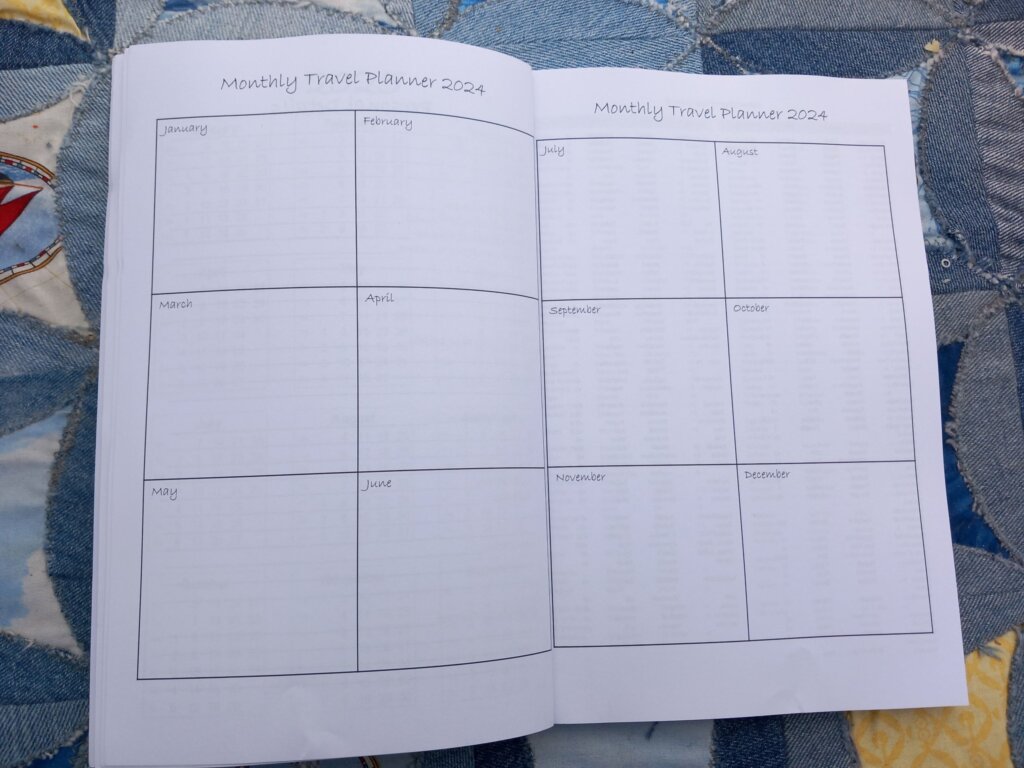 A double-page spread with 12 large squares, one for each month of the year, to write down your travel plans