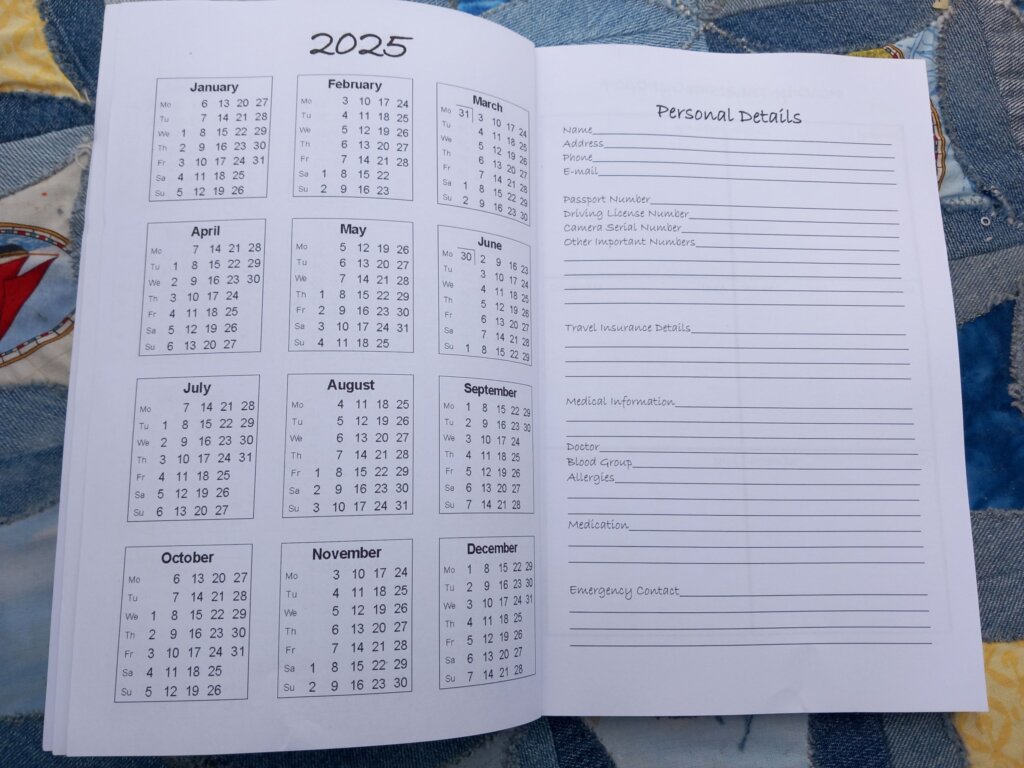 A double-page spread showing a 2025 calendar on the left and a form to fill in all your personal details on the right