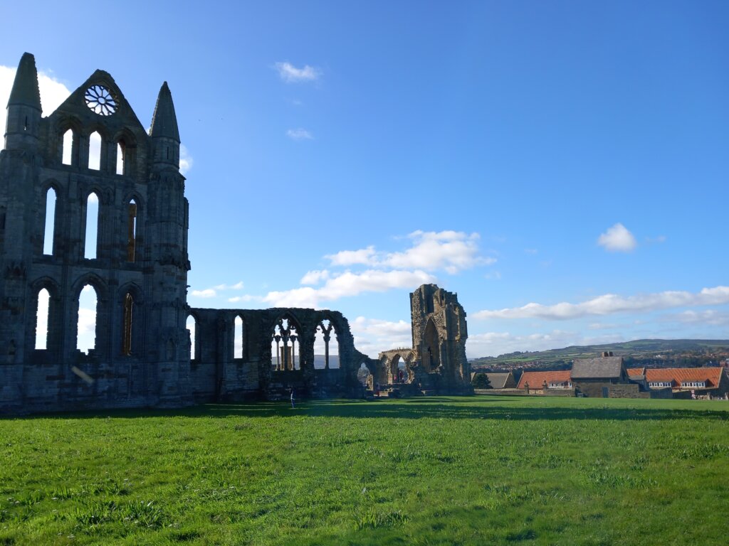 This image shows the front of the Abbey ruins with the town of Whitby in the background