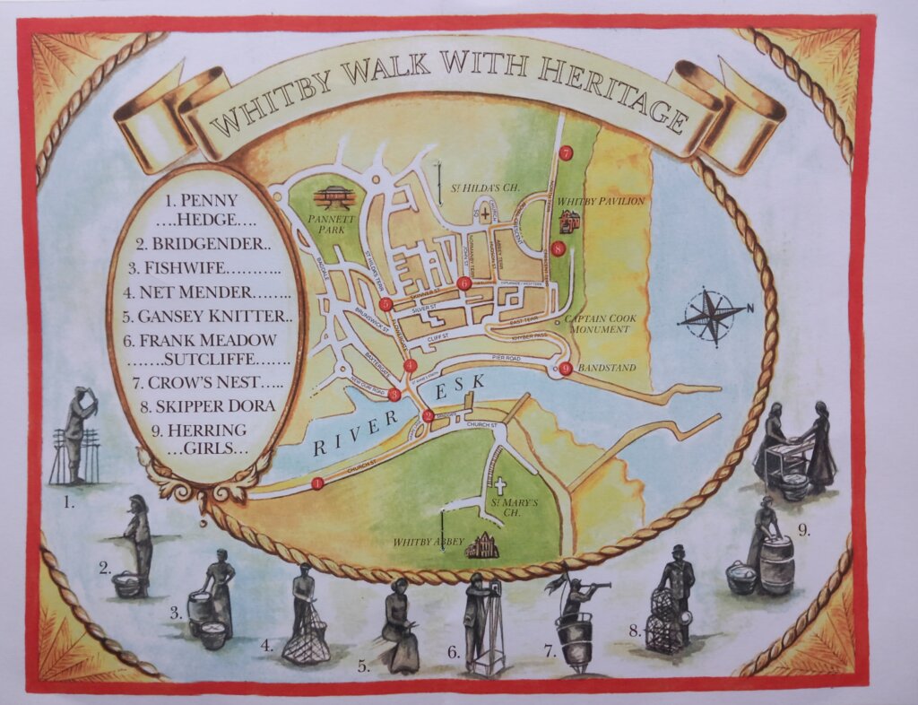 This image is a map showing the location of all 9 sculptures on Whitby's Walk with Heritage Trail.