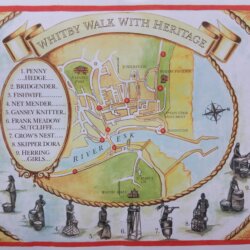 This image is a map showing the location of all 9 sculptures on Whitby's Walk with Heritage Trail.