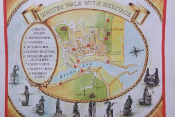 This image is a map showing the location of all 9 sculptures on Whitby's Walk with Heritage Trail.