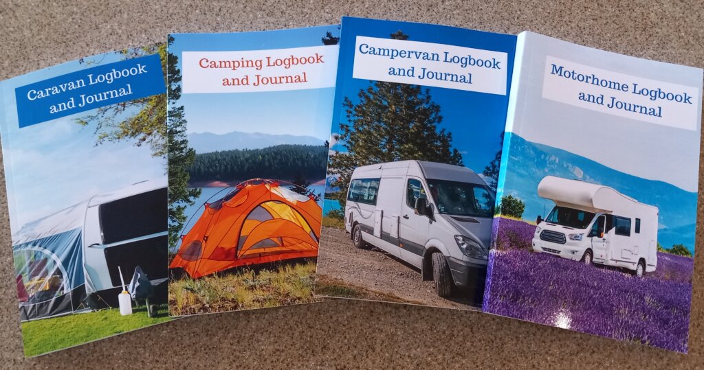 This photo shows the front covers of my Motorhome, Campervan, Caravan, and Camping Logbooks and Journals