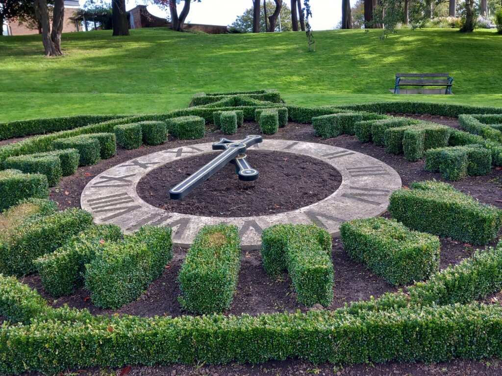 This photo shows the floral clock in winter.  You can see privet hedge and clock face, but no flowers